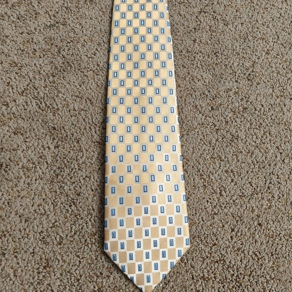 Henry Jacobson Necktie Mens 58 Inch Yellow Gold Woven Plaid Luxury Handmade Silk